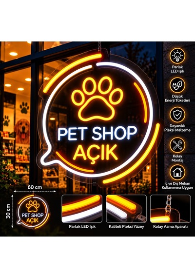 Pet Shop Açık Neon Led Tabela 60x30 Cm Işıklı Pleksi Tabela Pati Figürlü İşletme Tabelası