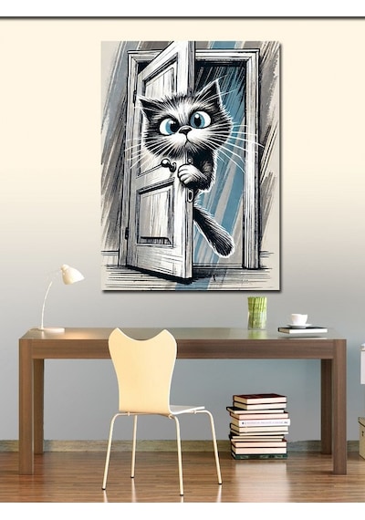 Kanvas Tablo Meraklı Kedi Ve Kapı Sürprizi 50cmx70cm
