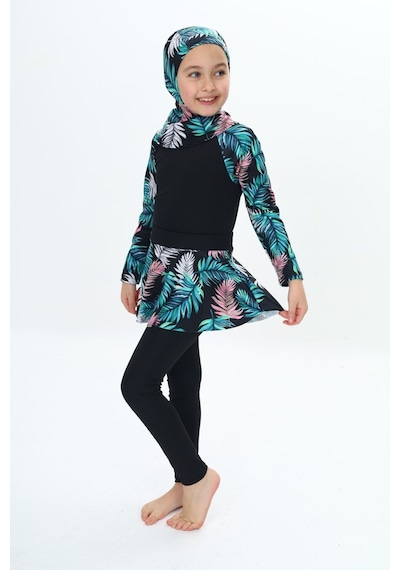 My Kids Wear Üç Parça Kız Çocuk Haşema, Tesettür, Etekli, Kapalı Mayo Mor - Lacivert