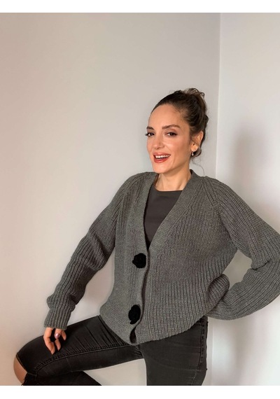 Ali Butik Antrasit Gül Motif Detaylı Triko Hırka Antrasit