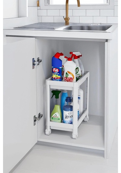 Sas Haus Flex Elite Pro 2 Katlı Beyaz Tekerlekli Çok Amaçlı Banyo & Mutfak Düzenleyici Raf - Evye Altı Raf Beyaz 40 X 35