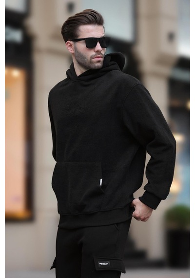 Madmext Siyah Kapüşonlu Cep Detaylı Polar Erkek Sweatshirt 7093 Siyah