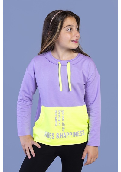 Toontoy Kız Çocuk Kanguru Cepli Baskılı Sweatshirt Turuncu