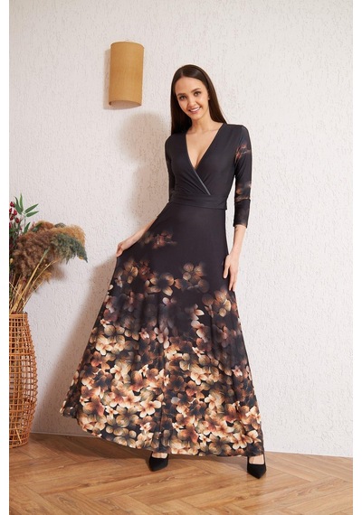 Darlin Moda Siyah Kruvaze Kahverengi Çiçek Desenli Abiye Elbise Dm1013