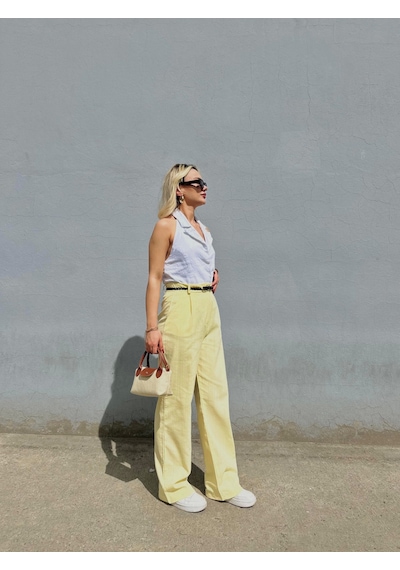 Keymoda Kadın Keten Kemerli Pantolon Sarı Sarı
