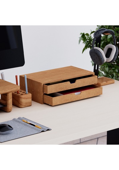 Desna İki Katlı İki Çekmeceli Dolap - Kiraz 34 Cm Uzunluk X 19 Cm Derinlik X 10.8 Cm Woodsaka Doğal Ahşap