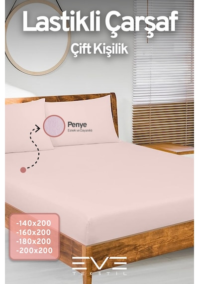 Eve Tekstil Fitted Yüksek Kaliteli Penye Kumaş Çift Kişilik Lastikli Çarşaf Pembe