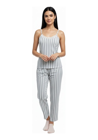 Kadın Rahat Ev & Uyku Pijama Takımı Gri Çizgili Desen Gri