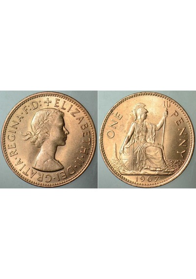 Büyük Britanya 1 Penny 1967. Kraliçe Iı. Elizabeth Genç Büst. 31 Mm Çapında Bakır Para. İngiltere. Çil Kondisyon.