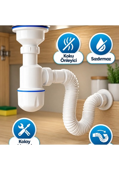 Esnek Lavabo Sifonu Koku Önleyici Sızdırmaz Gider Borusu Pratik Montaj