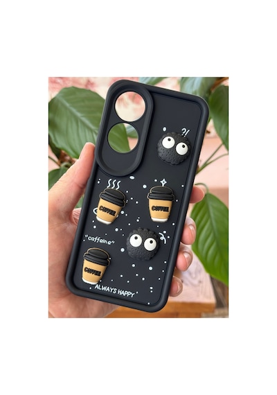Fibaks Oppo A60 Uyumlu Kılıf Kamera Korumalı Coffee Kurabiye Figürlü Siyah Yumuşak Silikon Kapak