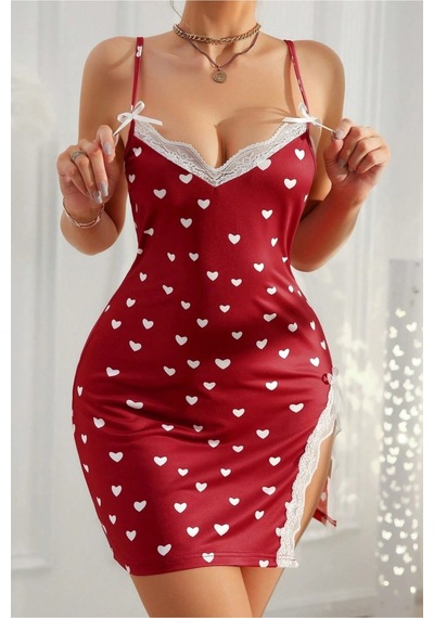 Bella Notte Romantik Kalp Desenli Yırtmaçlı Dantel Detaylı Gecelik Bordo