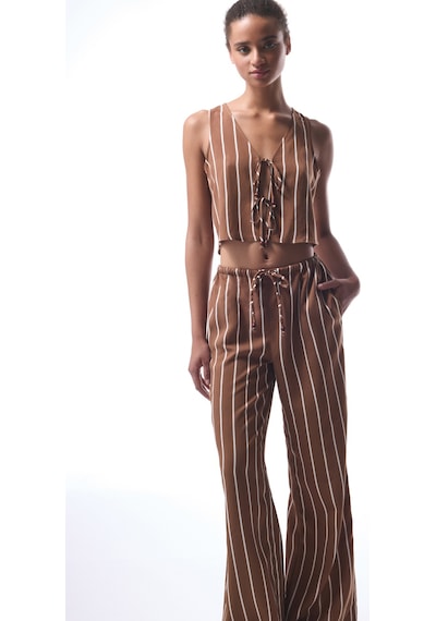 Penti Marea Çizgili Bağlama Detaylı V Yaka Crop Top Üst Çok Renkli
