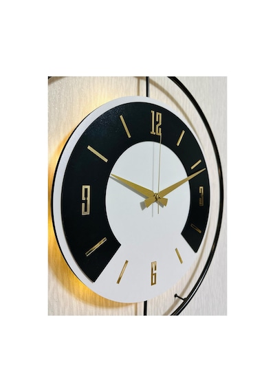 Pey Aksesuar 50x70 Cm Metal Ahşap Ve Işığın Muhteşem Uyumu Duvar Saati Dekoratif Ahşap-m54-siyah-beyaz-siyah-gold