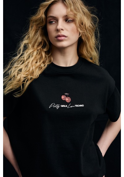 Grımelange Tılorıa Kadın Organik Pamuklu Baskılı Bisiklet Yaka Regular Fit Siyah T-shirt Siyah