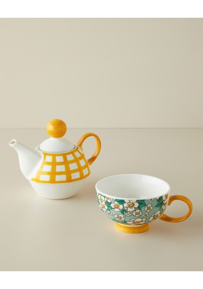 Country Whisper New Bone China Demlik Seti 380 260 Ml Yeşil-sarı