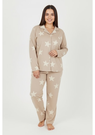 Bravie Luxury Soft Bej Yıldız Desenli Uzun Kollu Kadın Pijama Takımı Büyük Beden 3011 Bej