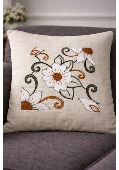 Punch Panç Nakışlı İşlemeli Kırlent Kılıfı 43x43cm Dekoratif Gündelik Kırlent Kılıfı - 1 Adet Sarmaşık Papatya