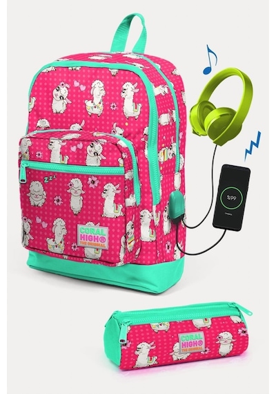 Coral High Kids Neon Mercan Su Yeşili Alpaka Desenli Usb'li 2'li Okul Çanta Seti - Kız Çocuk