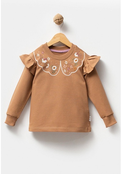 Overdo Kids Fırfırlı Yakası Çiçek Nakışlı 2 İplik Uzun Kol Kız Çocuk Sweatshirt Kahverengi