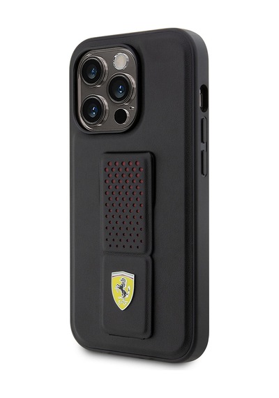 Apple Uyumlu iPhone 14 Pro Kılıf Ferrari Lisanlı Klasik Metal Logolu Delikli Standlı Deri Kapak Siyah