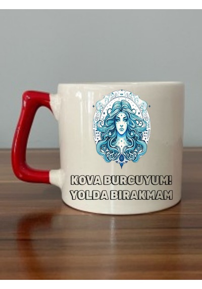 Kova Burcu Kırmızı Kulplu Kupa Bardak - Seramik Çay, Kahve Hediyelik Bardağı Beyaz