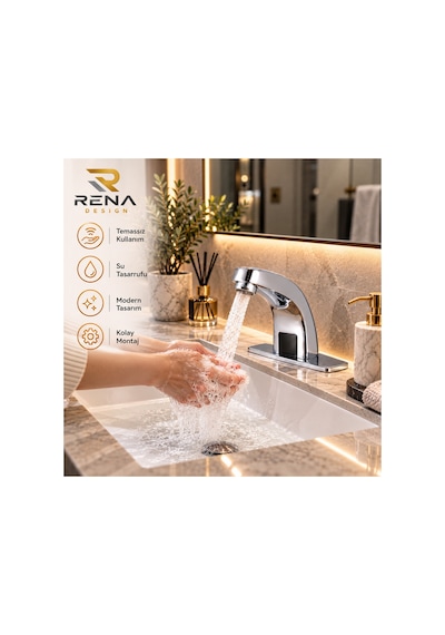 Rena Design Fotoselli Sensörlü Krom Lavabo Bataryasi Temassiz Otomatik Tasarruflu Modern Musluk Kuğu