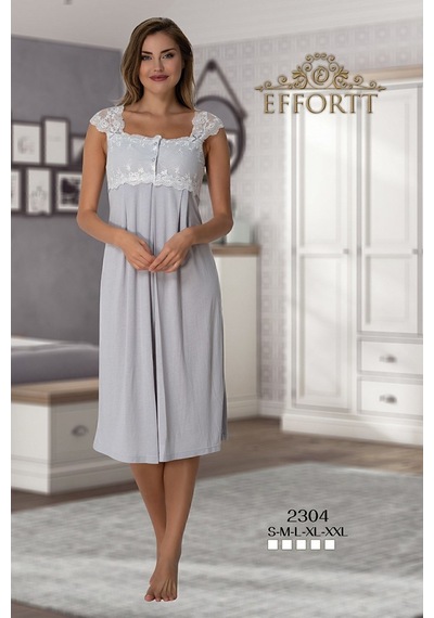 Effortt 2304 Gri Dantelli Lohusa Gecelik Takımı Gri