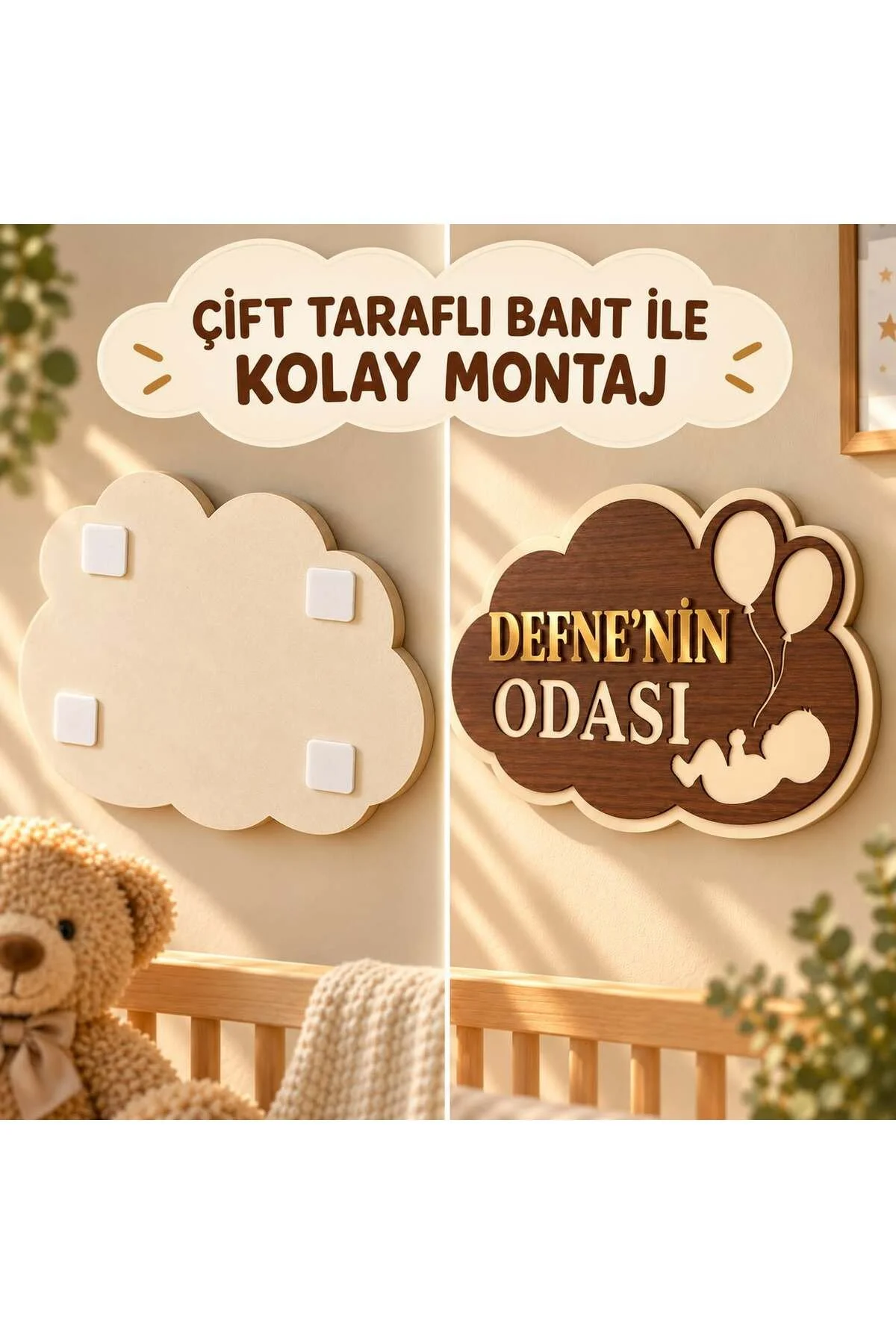 Kişiye Özel Bebek Odası Duvar Süsü, Gold Pleksi İsimli Mdf Kapı Dekoru Krem - Kahverengi