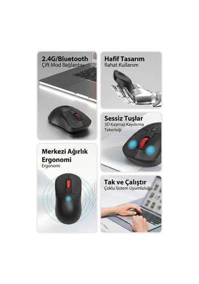 Kablosuz Mouse 2.4g + Bluetooth Çift Modlu Sessiz Tıklama 1600 Dpı Ayarlı Hafif Ergonomik Tasarım 4 Tuşlu Usb Alıcılı Tak Çalıştır Bilgisayar Mouse Ajazz Nj02