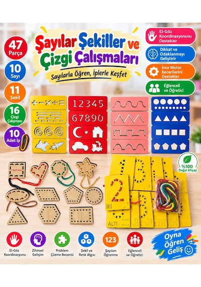 Eğitici Ahşap Çizgi Çalışmaları,sayı Ve Şekiller Ip Geçirme El Kası Geliştirme