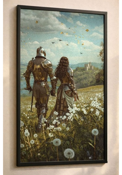 Şövalye Ve Prenses Dandeliyonlar Arasında Estetik Duvar Posteri , Çerçevesiz Poster
