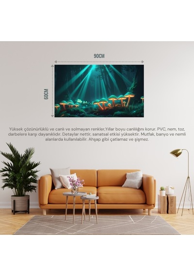 Doğa Ve Manzara Yatay Parlayan Mantarlar Ve Büyülü Işık Huzmeleri Mistik Orman 08 Çerçevesiz 90x60cm Pvc Tablo