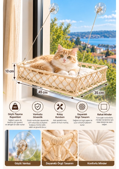 Reyo Tasaryum El İşçiliği Bohem Makrome Kedi Ve Küçük Köpek Cam Hamak Yatağı Güçlü Vantuzlu, Minderli - Krem