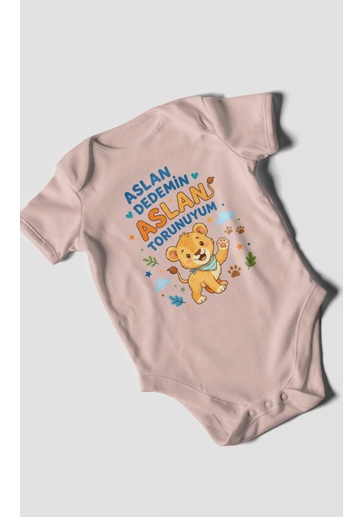 Morivokids Aslan Dedemin Aslan Torunuyum Kısa Kollu Bebek Body %100 Pamuk Pastel Pembe