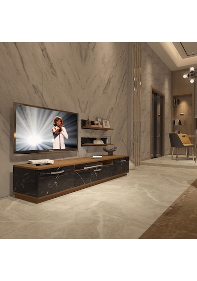 Decoraktiv Trio 4 Mdf Tv Ünitesi Tv Sehpası Ceviz - Siyah Mermer