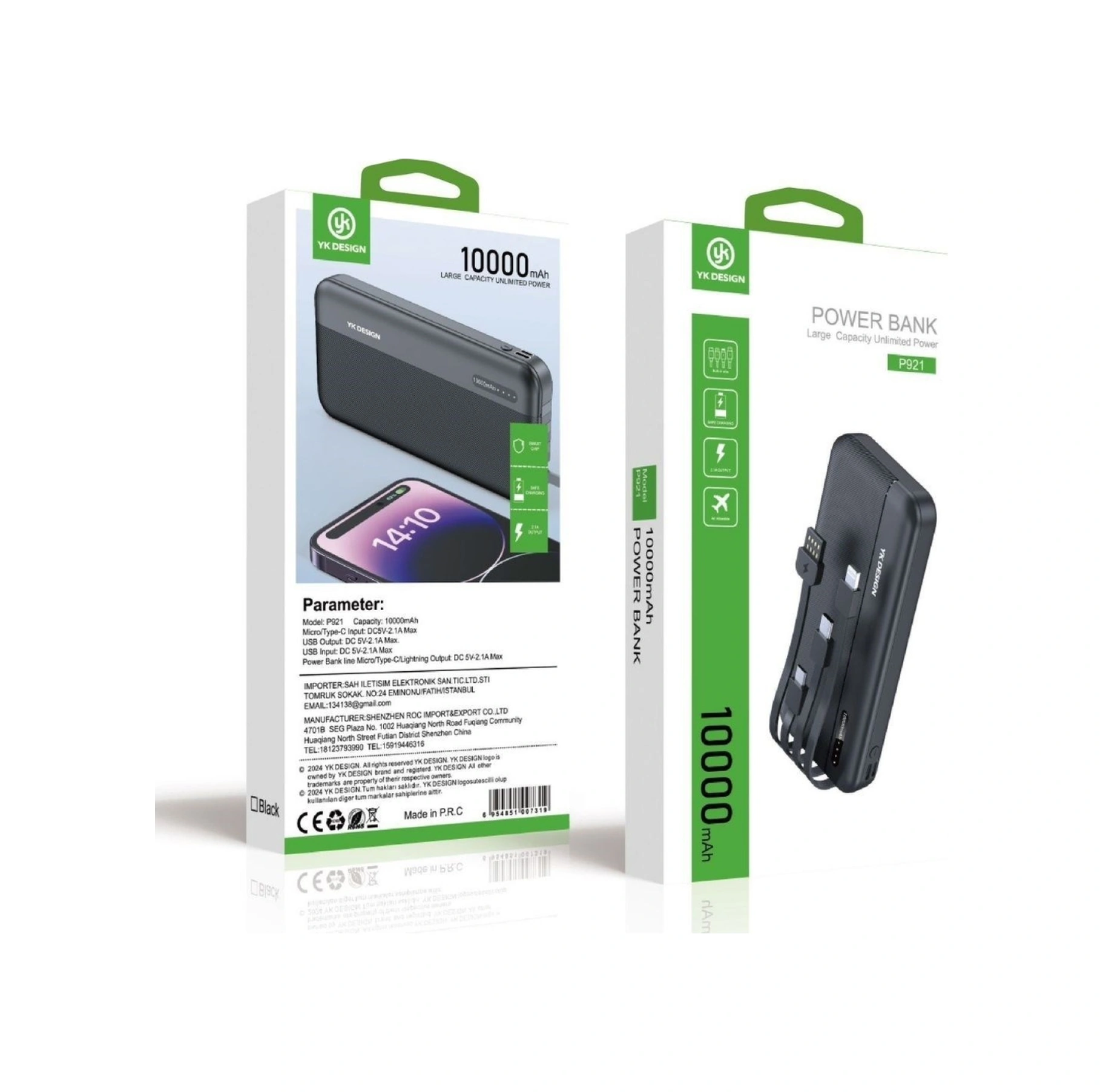 Buffer 10000 Mah Micro Type-c Usb Lightning 4 Kablolu Hızlı Kablosuz Şarj Powerbank
