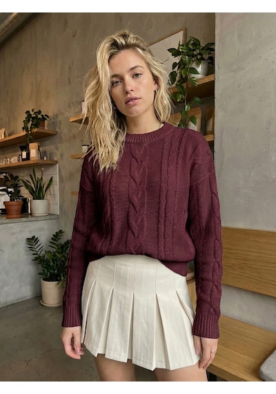Sayzen Your Shine Saç Örgülü Basic Regular Triko Kazak Sy-2605 Bordo