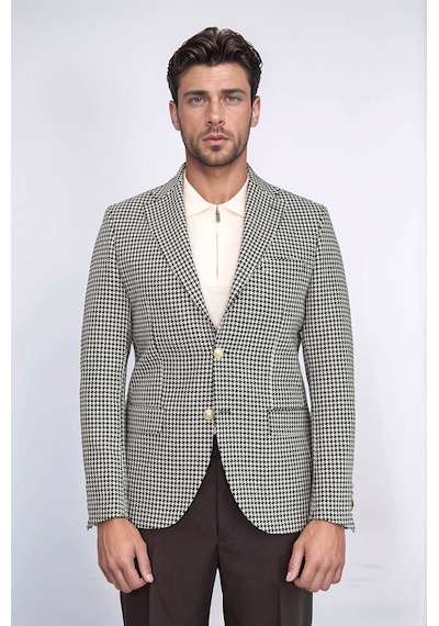 Siyah & Krem Kazayağı Desenli Gold Renk Metal Düğmeli Slim Fit Erkek Blazer Ceket - Wessi Cream Siyah & Krem Kazayağı Desenli Gold Renk Metal Düğmeli Slim Fit Erkek Blazer Ceket - Wessi Cream