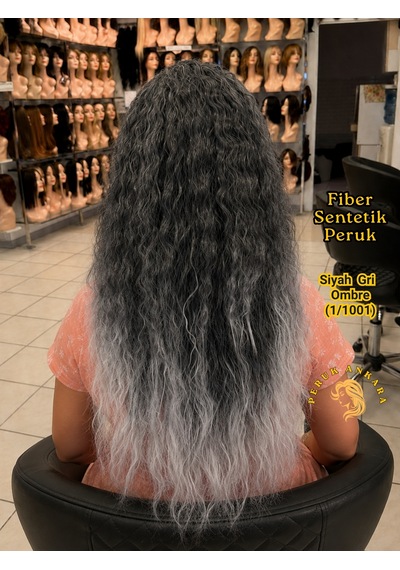 Afro Su Dalgası Peruk Fiber Sentetik Siyah Gri Ombre