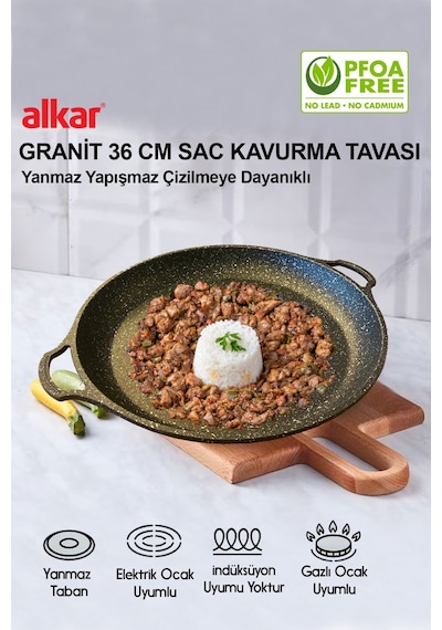 36 Cm Ocak Üstü Fırına Girebilir Granit Yanmaz Yapışmaz Sac Kavurma Tavası Beyaz