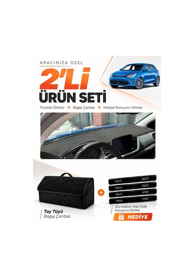 E-biz Kia Rio 2019-2024 Uyumlu Torpido Örtüsü + Tay Tüyü Bagaj Çantası Seti - Siyah - Kı014