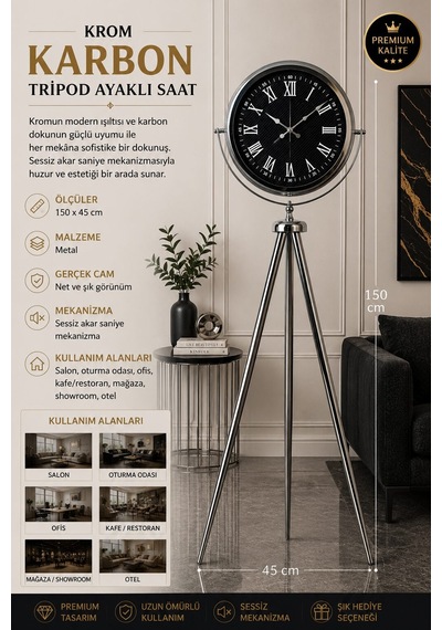 Krom Karbon 150 X 45 Cm Metal Tripod Ayaklı Saat