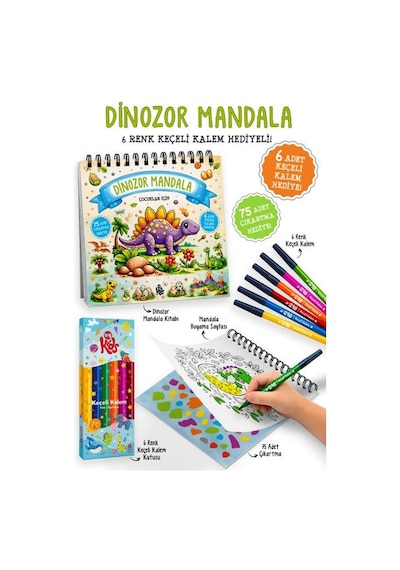 Dinozor Mandala - 6 Renk Keçeli Kalem Ve 75 Adet Çıkartma Hediyeli 3+