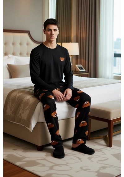 Frm Erkek Ayıcık Desenli Örme Pijama Takımı Fonksiyonel Dayanıklı Kal Siyah