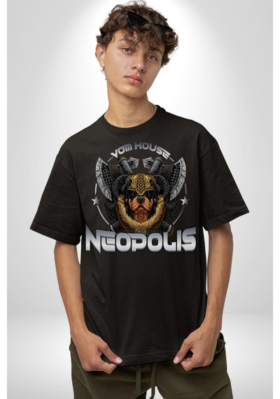 Neopolis Rottweiler Viking Pamuklu Bisiklet Yaka Unisex Oversize Boyfriend Dijital Baskılı Siyah T-shirt Siyah