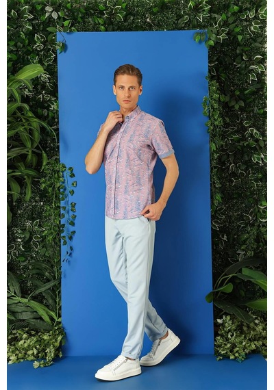Efor Slim Fit Düğmeli Yaka Desenli Kısa Kol Pamuk Lila Gömlek G 1499 Lila