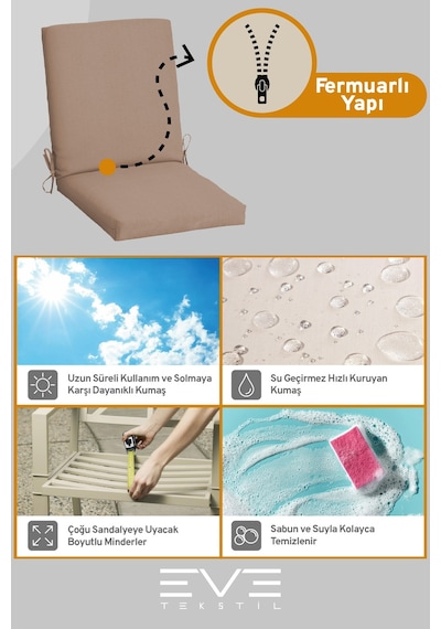 Eve Tekstil Bahçe - Salon - Balkon Arkalıklı Fermuarlı Bağlanabilir Yıkanabilir Sandalye Minderi 8 Adet Açık Kahve