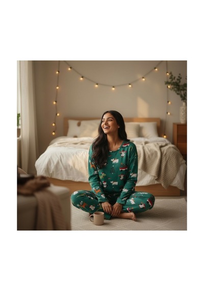 Feg Store %100 Pamuk Yeşil Uzun Kollu Yılbaşı Temalı Pijama Takımı