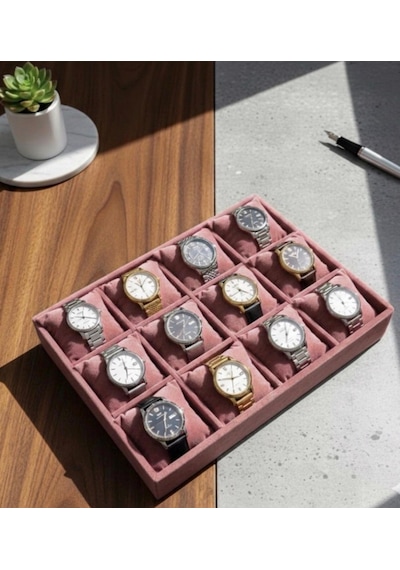 12 Bölmeli Ahşap Üzeri Baby Face Kumaş Saat Ve Takı Standı - Organizeri Ebat 35x24x5 Cm Açık Pembe